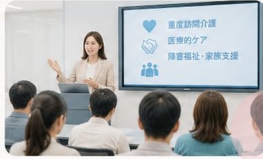 スクリーンを使って研修会で講義をしている様子