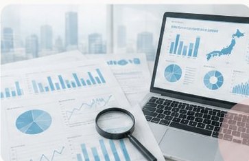 グラフ資料とノートパソコンを使った調査分析の様子