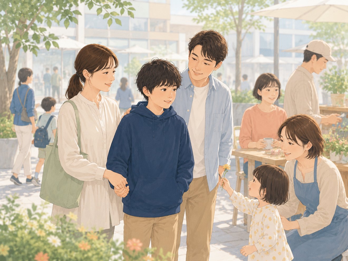 家族と地域の人々が自然に関わり、孤立を防ぐ共生のイメージ