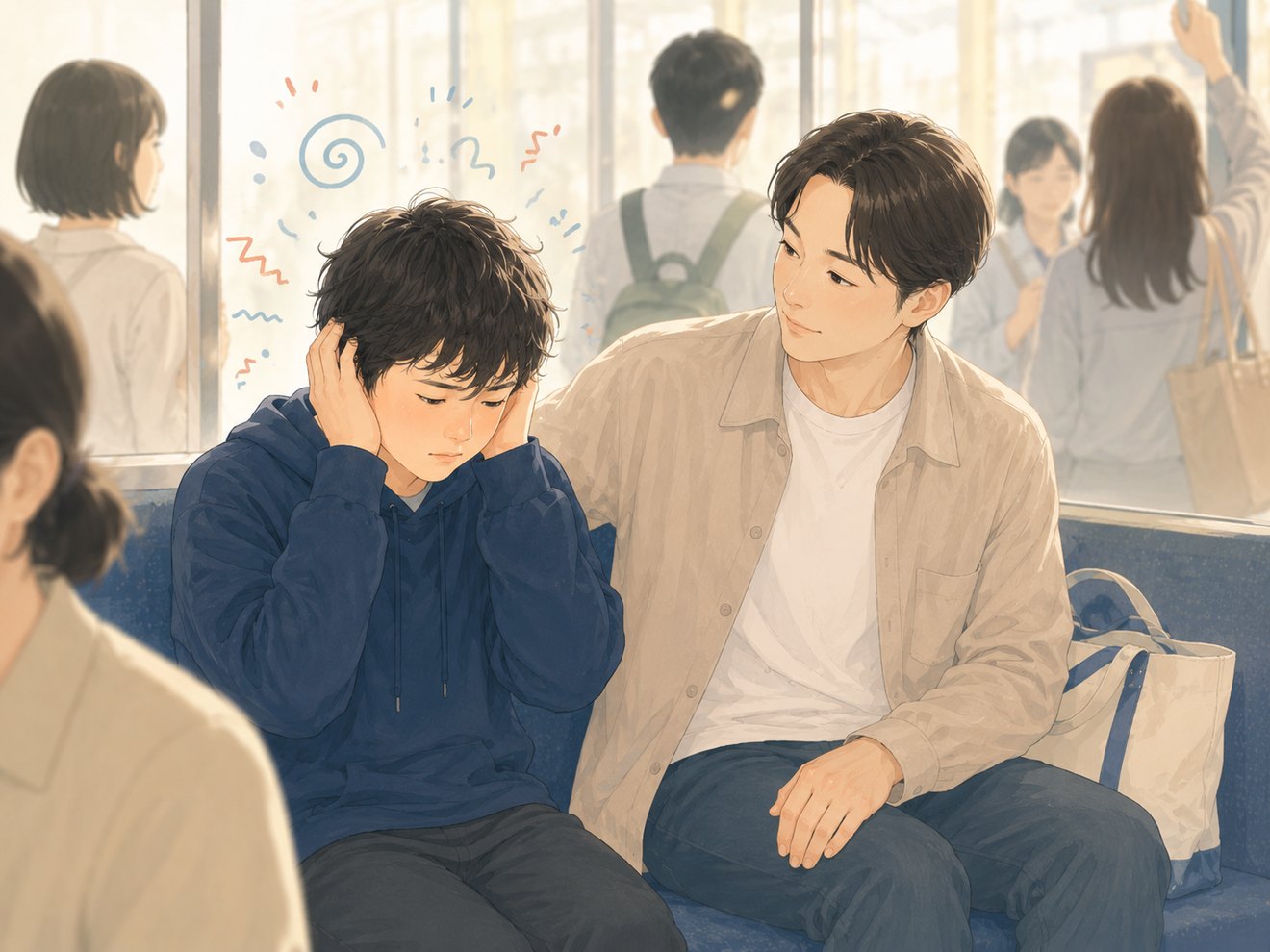 電車内の騒がしさで感覚的な負担を感じる若者と、そばで静かに寄り添う家族のイメージ