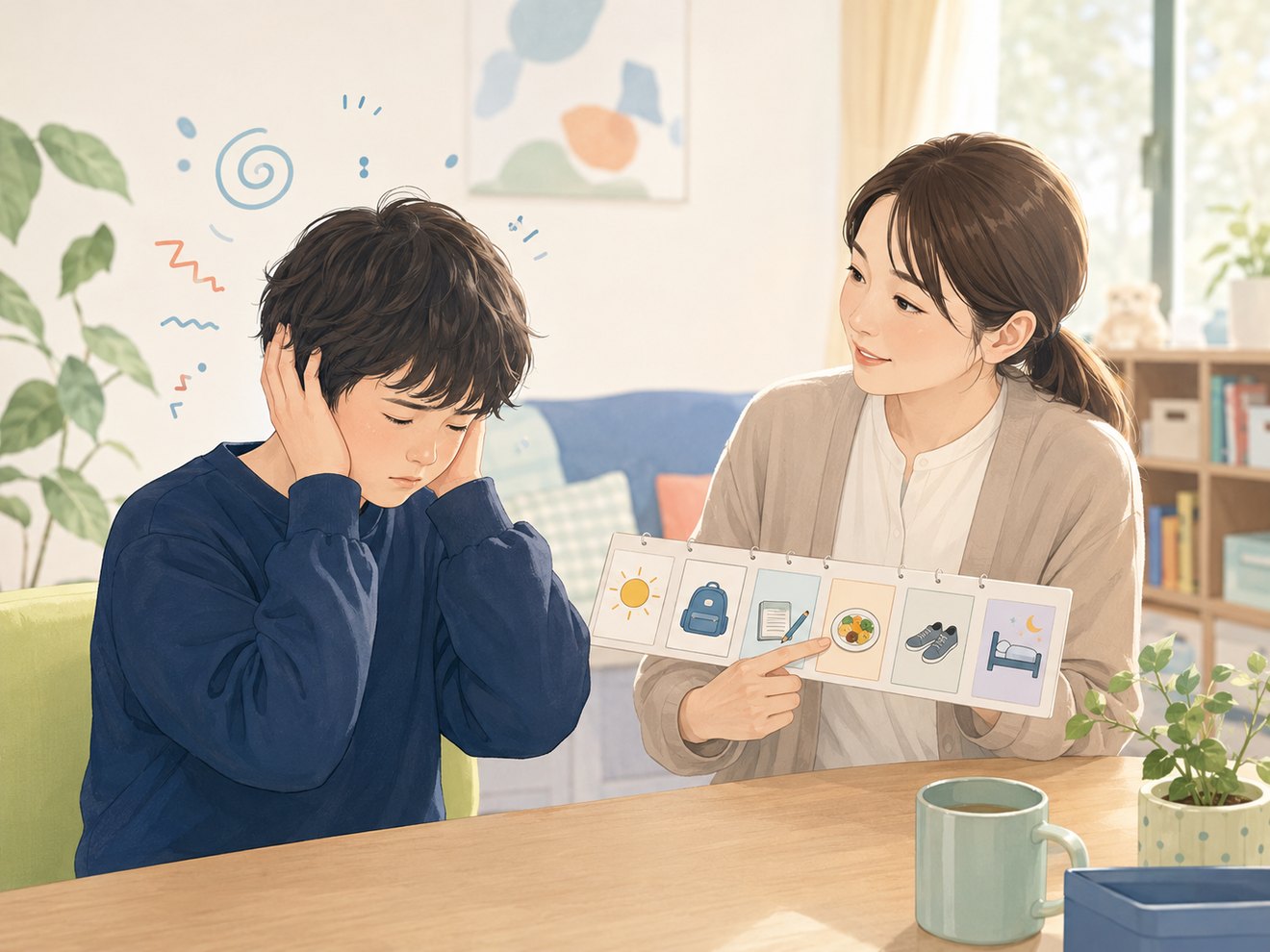 視覚的な予定カードを使いながら、感覚的な不安を抱える若者に穏やかに寄り添う支援者のイメージ